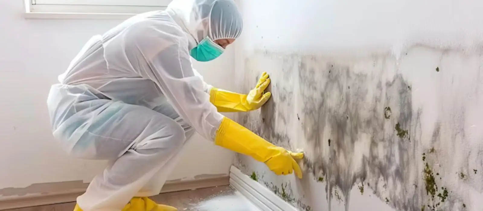 Remediation worker in protective gear cleaning mold from a wall near the baseboard