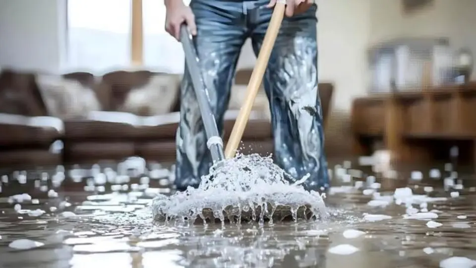 Mop and cleaning solution on a water damaged floor