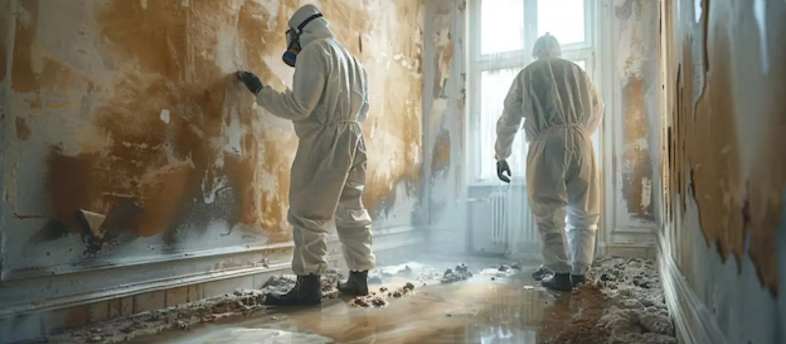 Remediation crew in protective suits working in a room with mold damaged walls