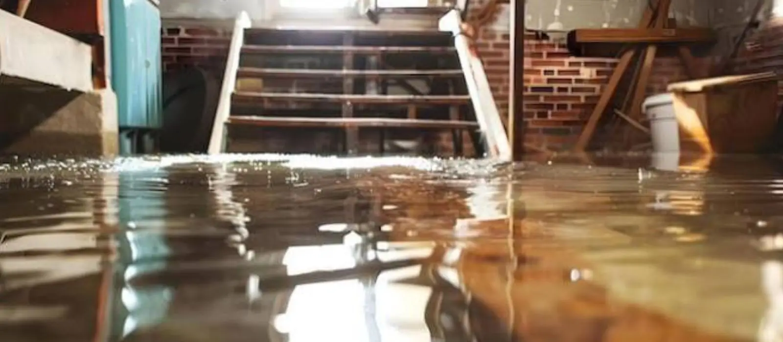 Water covering a basement floor at the bottom of a stairway