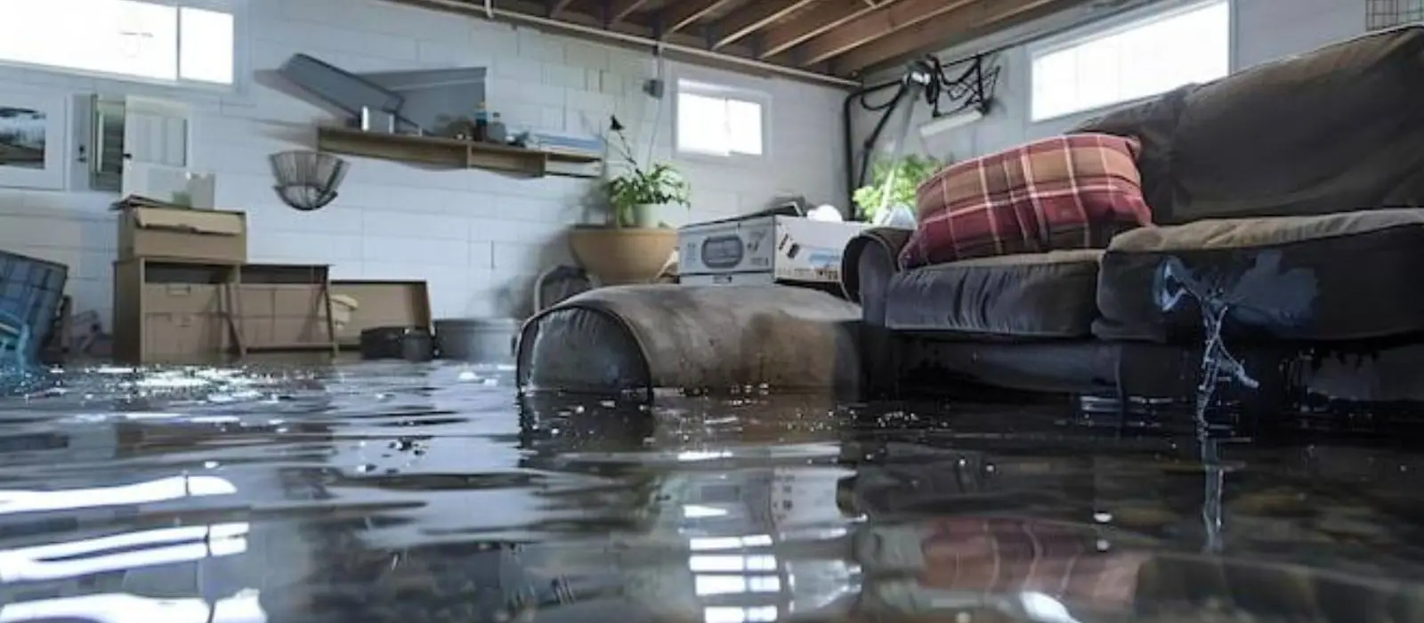 Finished basement with a sofa sitting in standing water